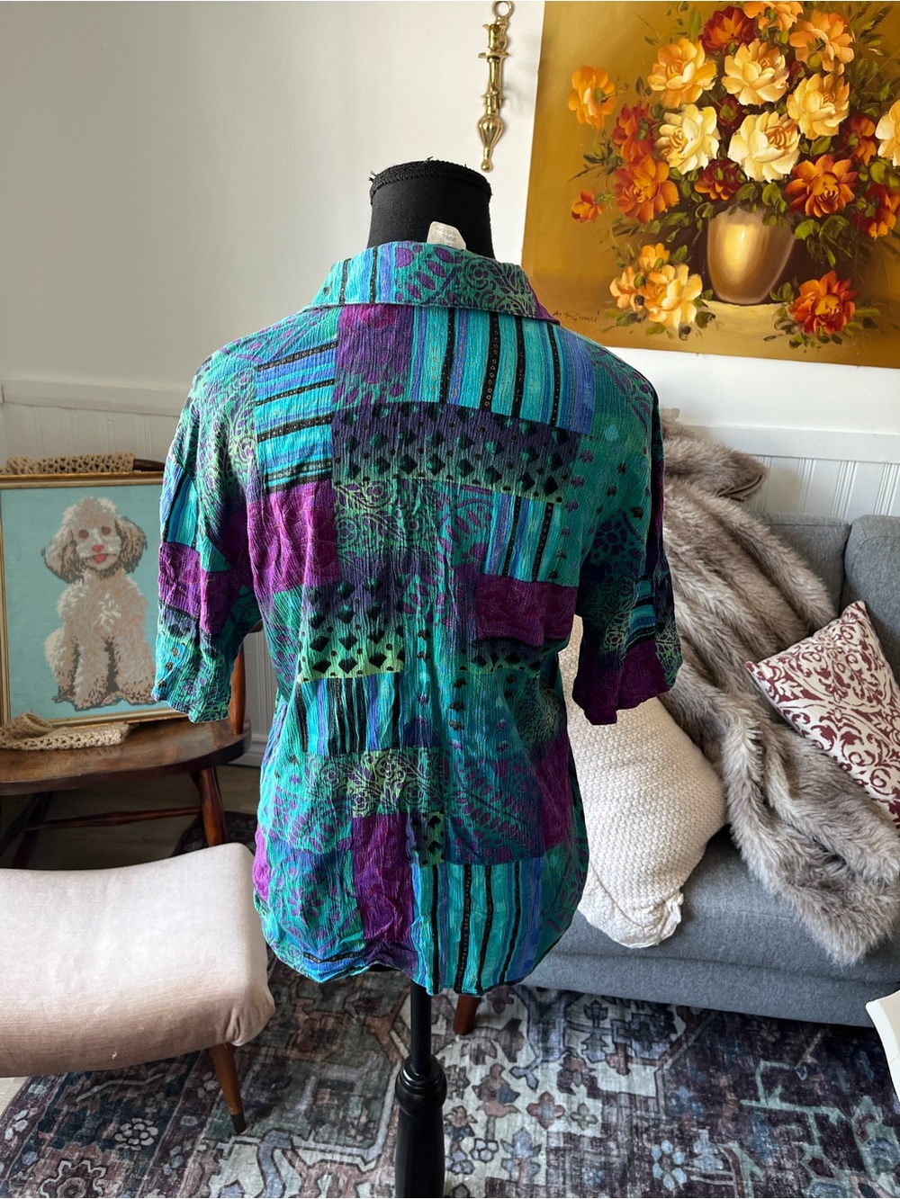 Women’s Vintage Teal, Purple & Black Button Front Shirt Size M fit - Picture 4 of 8
